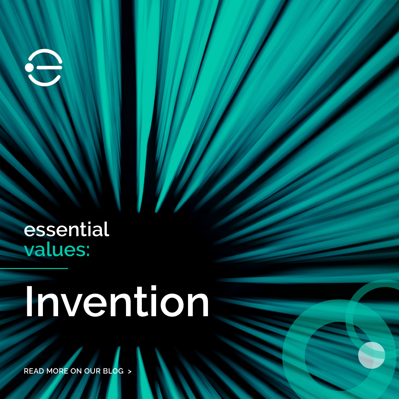 Blog graphic of an abstract black and bue backround including the Essential logo and says Essential Values: Invention