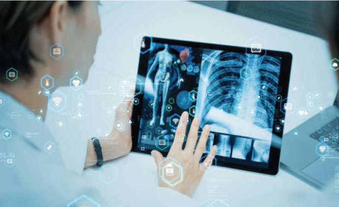 A healthcare worker looking at digital radiographs of a skeleton, random transparent icons are placed throughout the photo